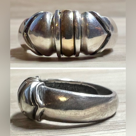 JA Jewelry - Designer Signed JA Sterling Silver & 18K Yellow Gold Accented Band Ring, Size 6